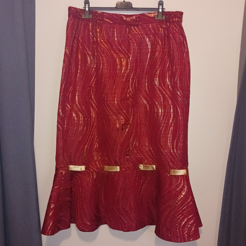 Vintage G.O.S.P.E.L. Michael Jackson Red Gold Metallic Jacquard Skirt Suit  14W - Picture 13 of 16
